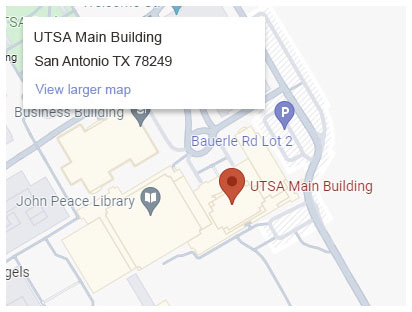 Google map with drop pin at UTSA